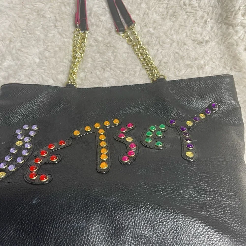 Betsey Johnson jewels large black synthetic leather tote gold tone chain straps